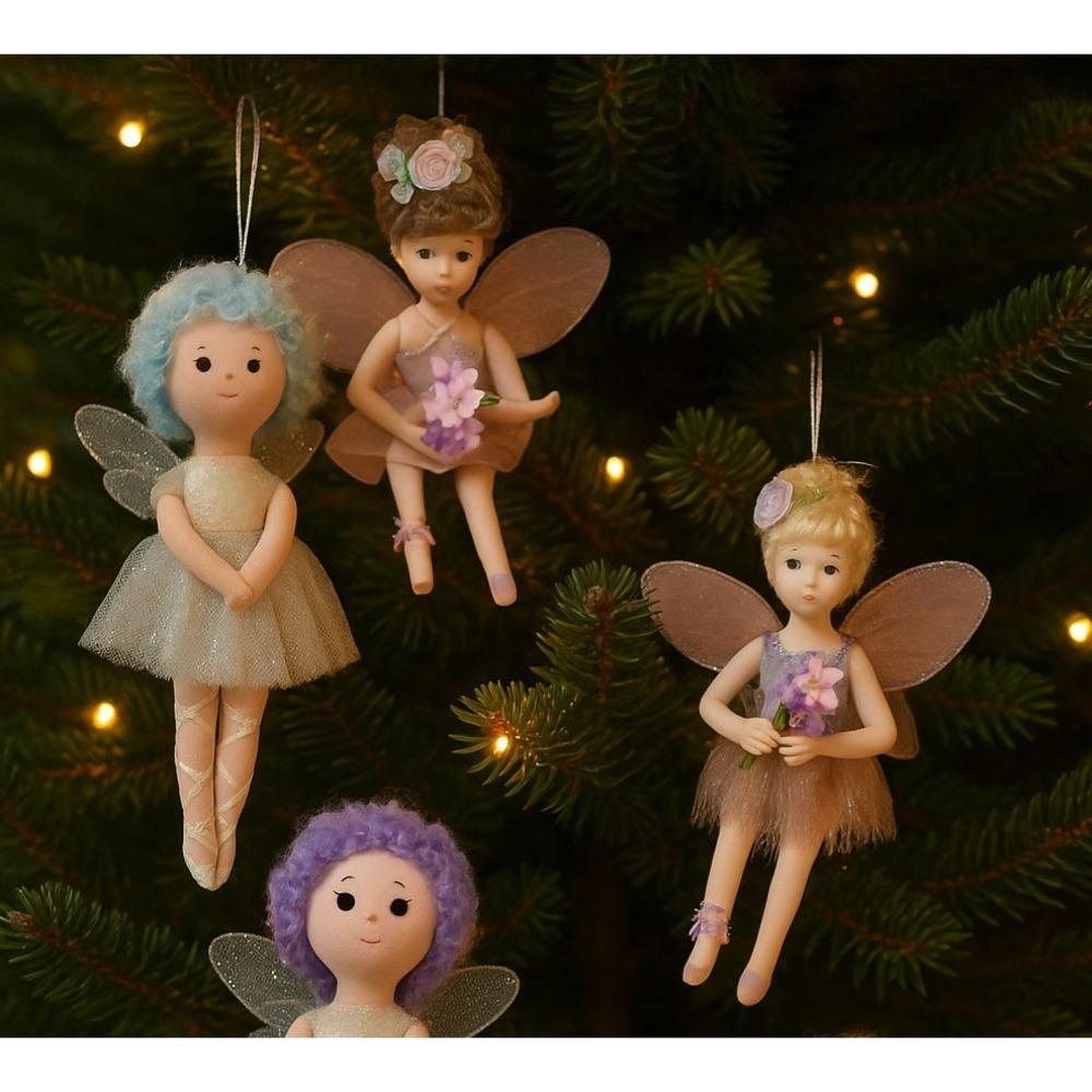 Lot Of 6 Set of 2 Porcelain Fairy VTG, 2 Glitter Ballerina, 2 Feather Ornaments‎